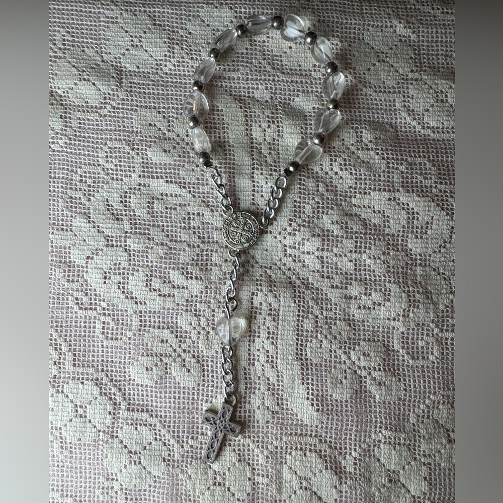 Saint Benedict Finger Rosary Medal Heart Beads Catholic Vintage Baptism Chaplet - Picture 2 of 6